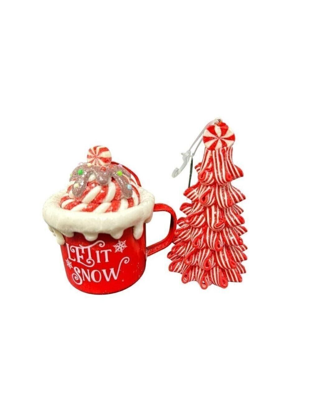 Peppermint Tree Cocoa Mug Ornament Set Christmas Holiday Festive Candyland Red